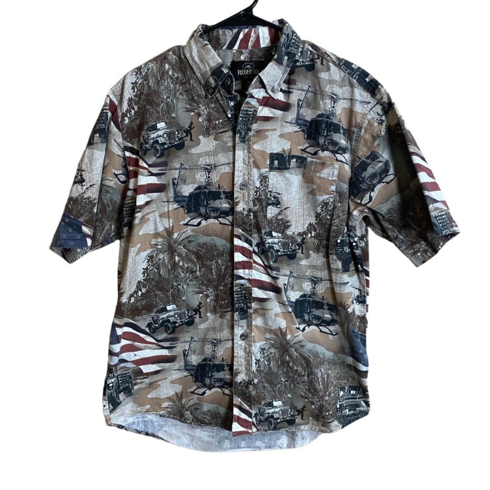 RedHead Men Medium Military Theme 100% Cotton Short Sleeve Button Front Shirt